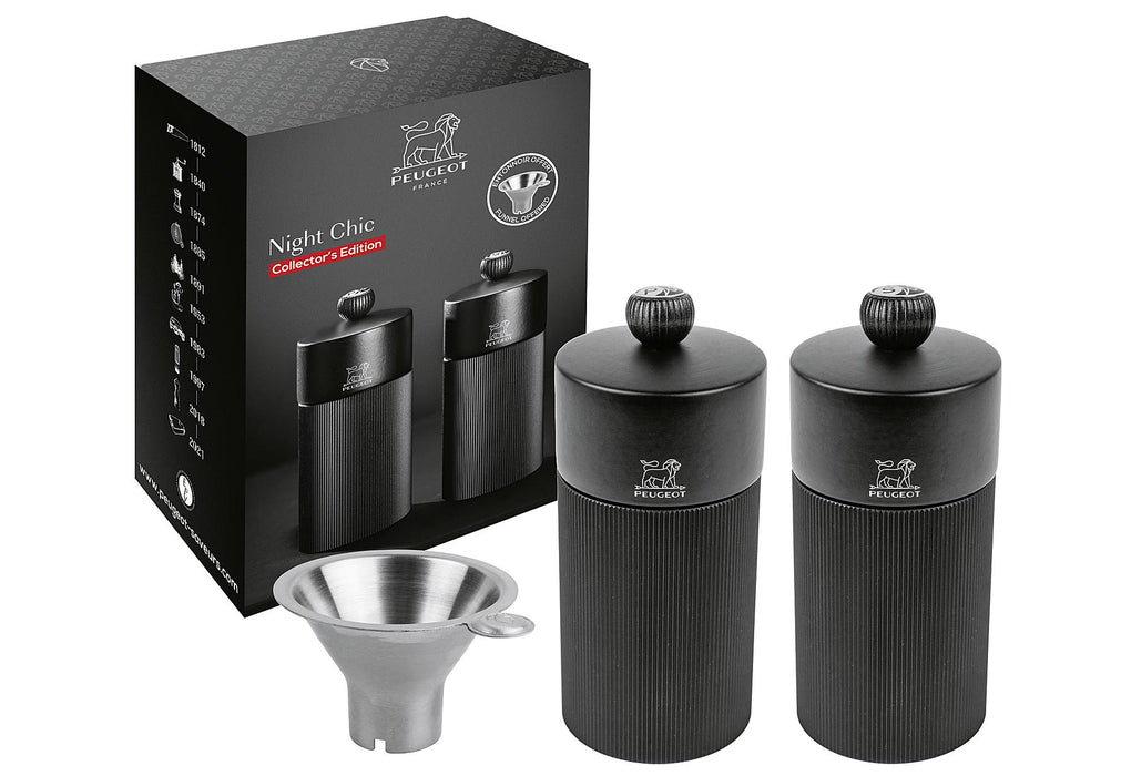 Peugeot Night Chic Geschenkset Duo Pfeffer- und Salzmühle Line, mattschwarz, 12 cm + Edelstahltrichter