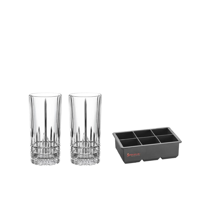 Spiegelau Perfect Ice Cube Set: 2 Longdrinkgläser + 1 Maxi Eiswürfelform