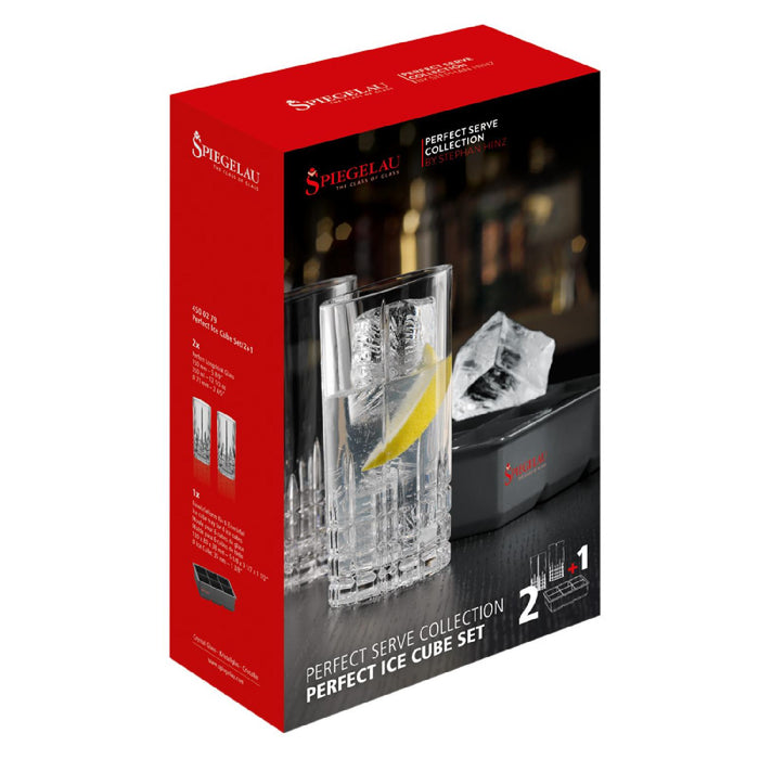 Spiegelau Perfect Ice Cube Set: 2 Longdrinkgläser + 1 Maxi Eiswürfelform
