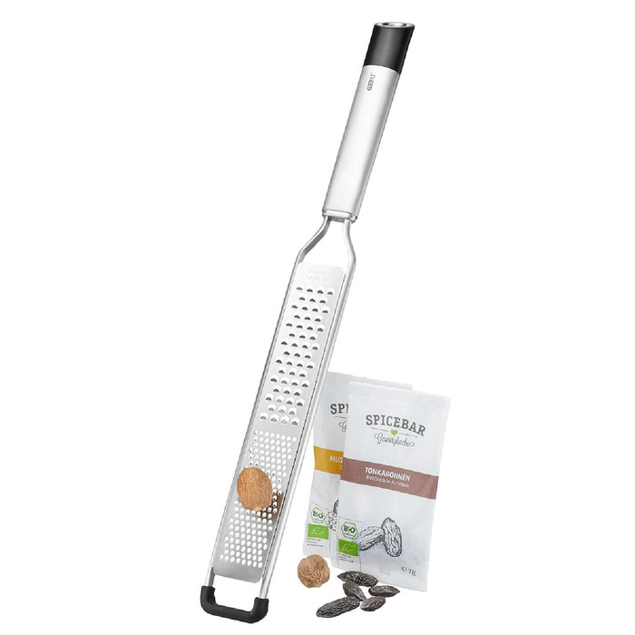 GEFU Set: Fein- und Grobreibe PRIMELINE + SPICEBAR XS-Muskatnüsse, bio Inhalt 8 g + SPICEBAR XS-Tonkabohnen, bio Inhalt 7 g