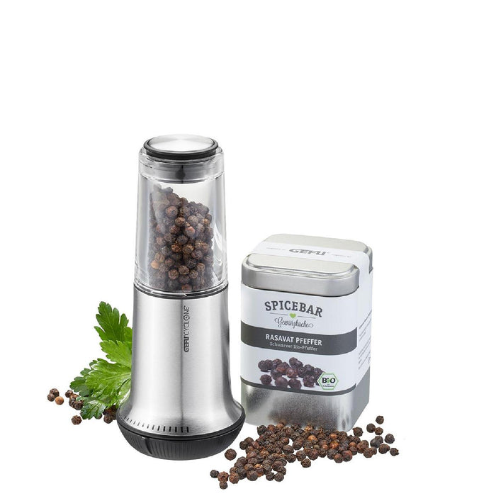 GEFU Set: Salz- oder Pfeffermühle X-PLOSION®, M + SPICEBAR Rasavat Pfeffer, ganz, bio Inhalt 80 g