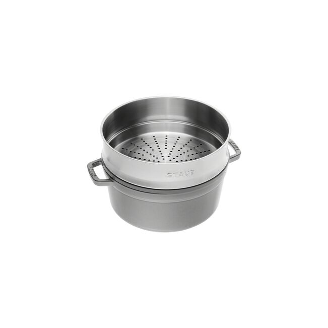 STAUB Cocotte mit Dämpfeinsatz, 24 cm | Graphit-Grau | rund | Gusseisen