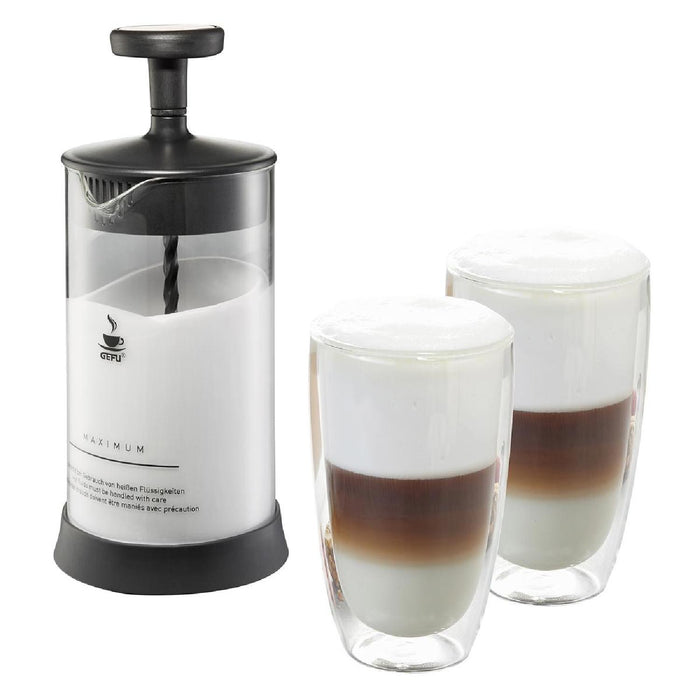 GEFU Set Milchaufsch?umer ANTONIO + 2 x Latte Macchiato Gl?ser (350ml)