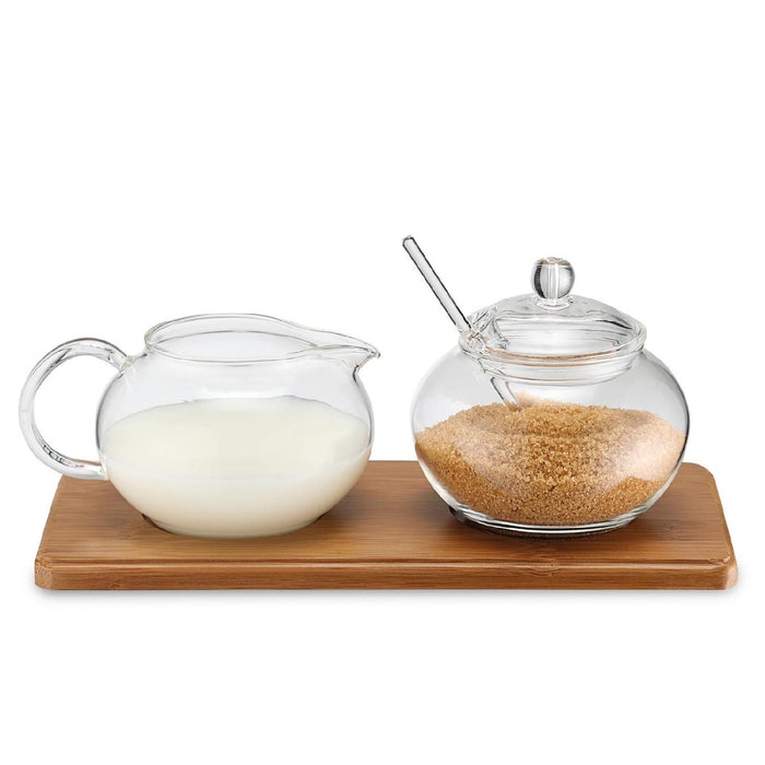 Zucker-/Sahne Set Glas mit Bambustablett