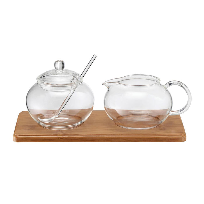 Zucker-/Sahne Set Glas mit Bambustablett