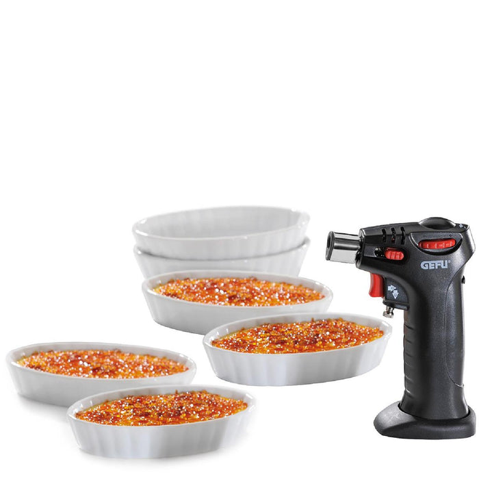 GEFU Crème Brûlée Set CARMELLO, 7-tlg. Flambierbrenner, 6 Porzellanschälchen