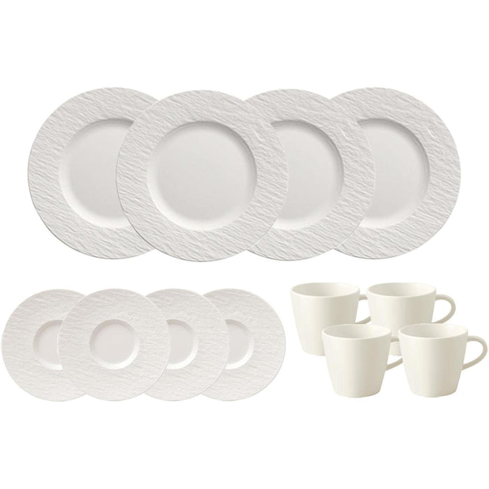 Villeroy & Boch Kaffeeservice Manufacture Rock Blanc, Kaffeegeschirr für 4 Personen, Kaffeetasse 150 ml/Kaffeeuntertasse ø 15,4 cm/Frühstücksteller ø 22 cm, Premium Porzellan, Weiß