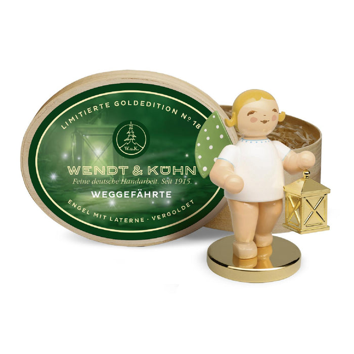 Wendt & Kühn Limitierte Goldedition (22.222 Stück) Weggefährte, Engel mit Laterne auf Metallsockel · vergoldet, in Spanschachtel
