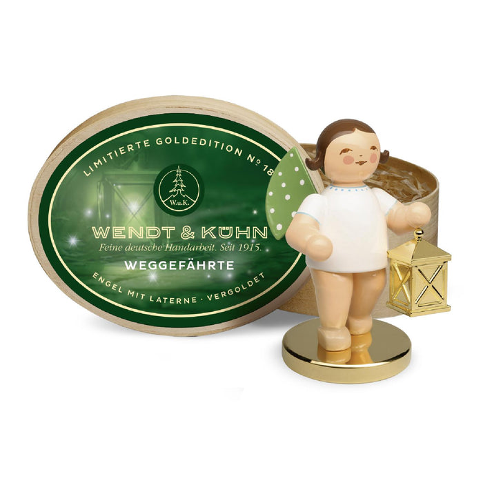 Wendt & Kühn Limitierte Goldedition (22.222 Stück) Weggefährte, Engel mit Laterne auf Metallsockel · vergoldet, in Spanschachtel