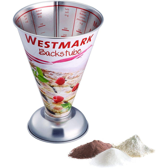 Westmark Messbecher, Mit Cup- und Gramm-Angabe, Füllmenge bis 300 Gramm, Weißblech, Trichterförmig, Silber/Rot, 30692270