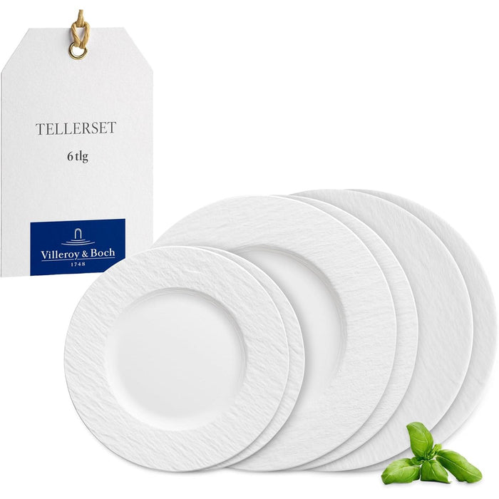 Villeroy & Boch - Manufacture Rock blanc Teller-Set, 6 tlg., Geschirr Set für 2 Personen, Premium Porzellan, Weiß