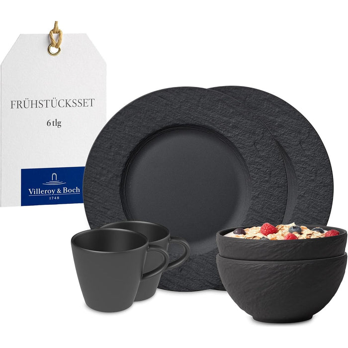 Villeroy & Boch - Manufacture Rock Frühstücks-Set, 6 tlg., Geschirr Set für 2 Personen, Premium Porzellan, Schwarz