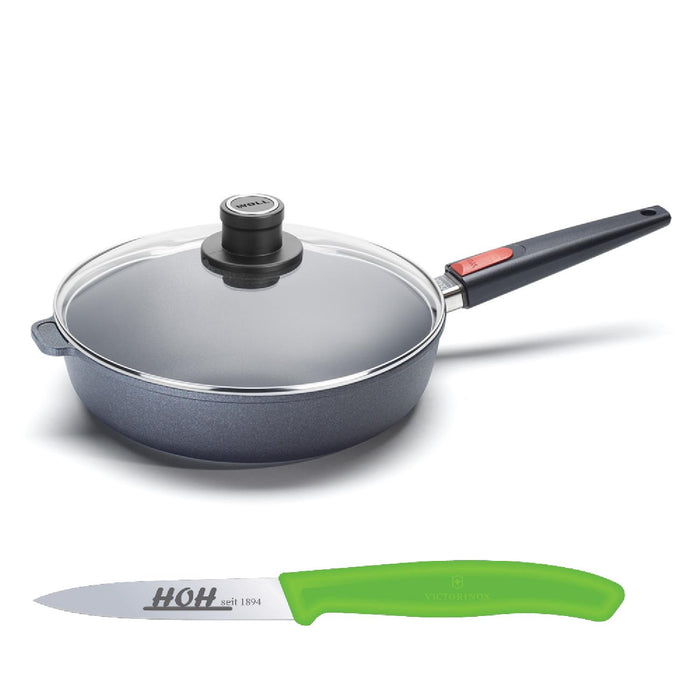 Woll Pfannenset Titanium Nowo Guss-Schmorpfannen Ø 28 cm, Höhe 7 cm mit abnehmbaren Griff inklusive Sicherheitsglasdeckel + 1 x Gemüsemesser