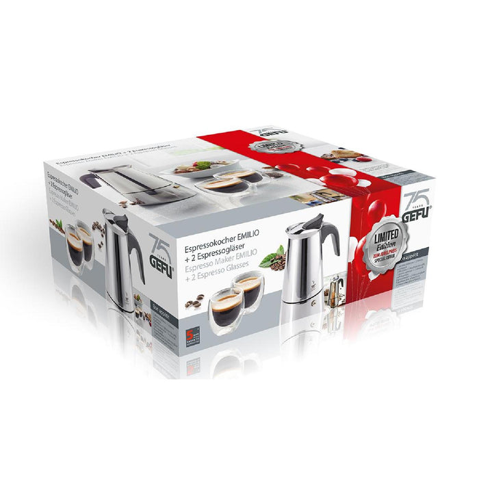 GEFU Set: Espressokocher EMILIO + 2 Espressogläser