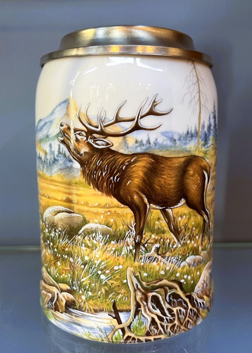Zimmermann Bierseidel Bier-Krug Hirsch Aktionskrug mit Zinndeckel 0,5l