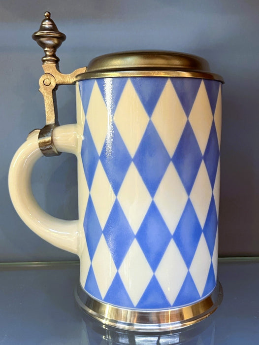 Bierseidel Bier-Krug 0,5 L Bayrische Rauten antik-blau mit Zinnfuss Porzellan