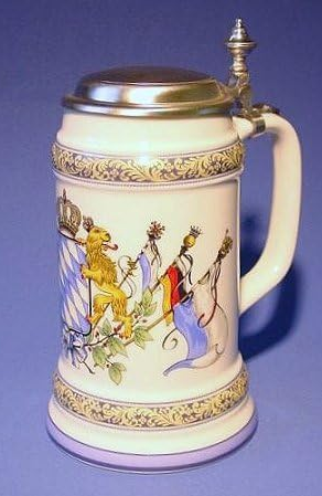 Zimmermann Bierseidel Bier-Krug Maßkrug mit Flachzinndeckel 1l Wappen mit Fahnen