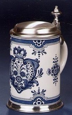 RZB Zimmermann Bierseidel Bier-Krug Porzellankrug mit Zinnfuß Fayenceblume Kobalt