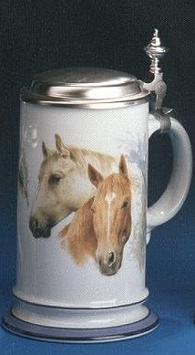 Zimmermann Bierseidel Bier-Krug Pferde Galeriekrug mit Zinndeckel 0,5l
