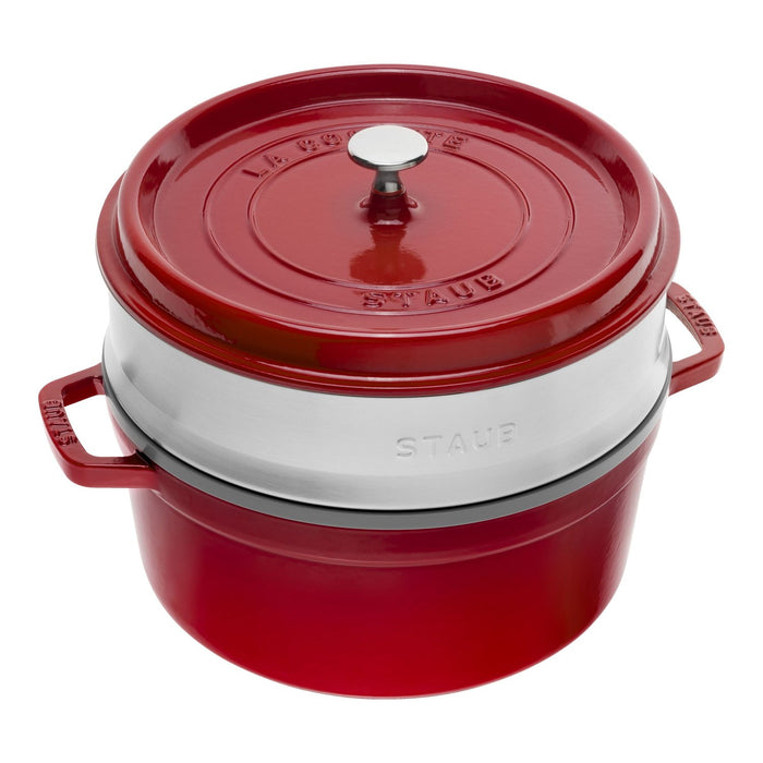 STAUB Cocotte mit Dämpfeinsatz, 26 cm | Kirsch-Rot | rund | Gusseisen