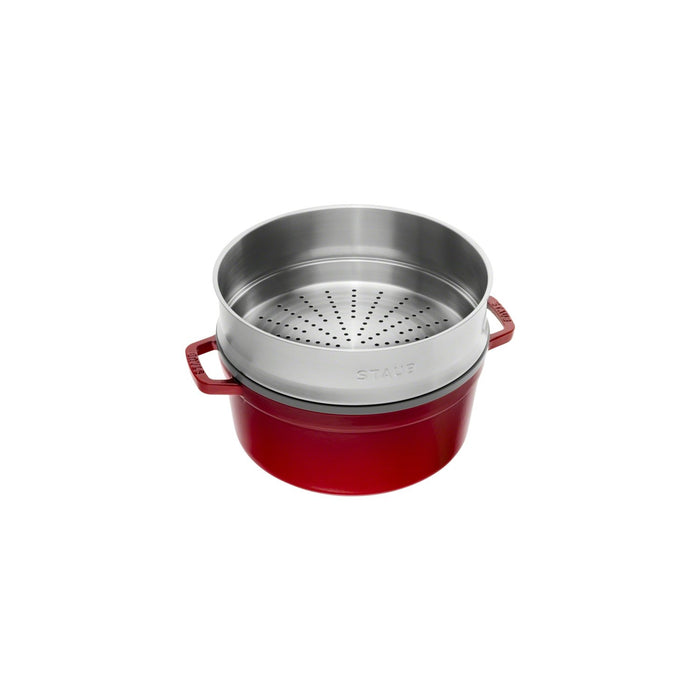 STAUB Cocotte mit Dämpfeinsatz, 26 cm | Kirsch-Rot | rund | Gusseisen