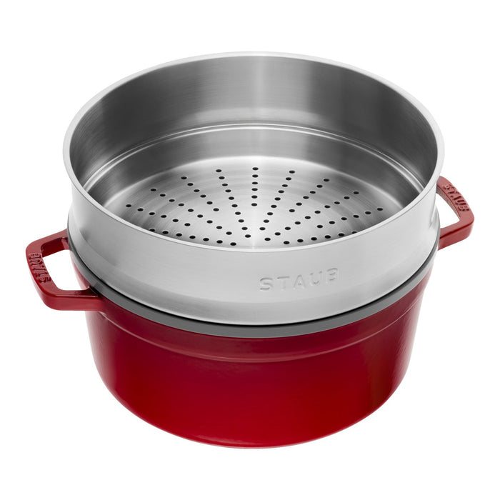 STAUB Cocotte mit Dämpfeinsatz, 26 cm | Kirsch-Rot | rund | Gusseisen