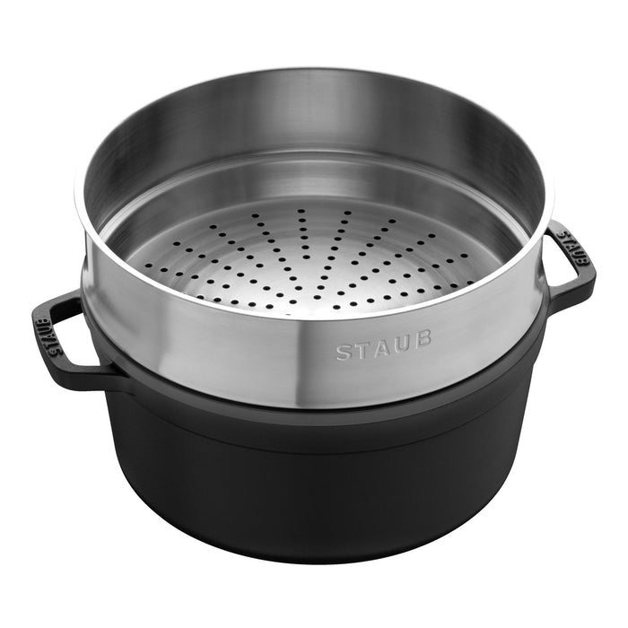 STAUB Cocotte mit Dämpfeinsatz, 26 cm | Schwarz | rund | Gusseisen