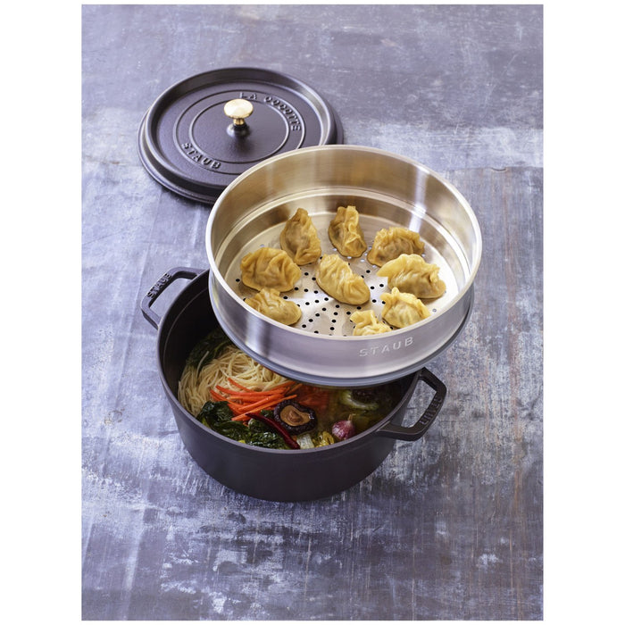 STAUB Cocotte mit Dämpfeinsatz, 26 cm | Schwarz | rund | Gusseisen