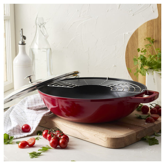 STAUB Wok mit Glasdeckel, 30 cm | Kirsch-Rot | rund | Gusseisen