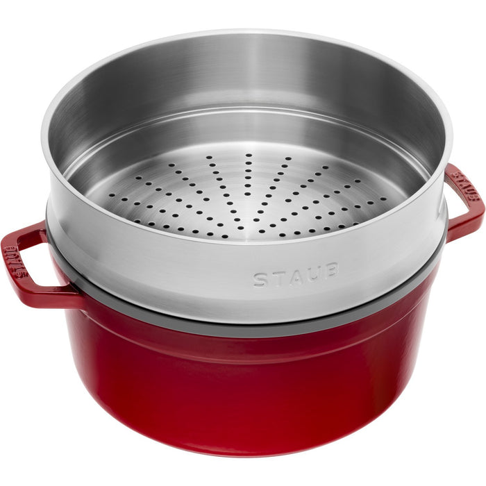 STAUB Cocotte mit Dämpfeinsatz, 24 cm | Kirsch-Rot | rund | Gusseisen